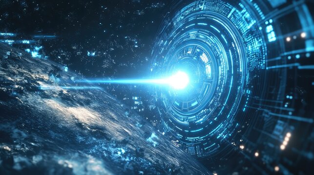Digital energy beam projecting from portal in space - Powered by Adobe
