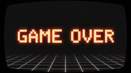 Retro arcade screen displays game over message with grid background - Powered by Adobe