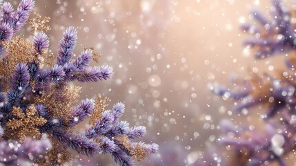 purple spruce branches are decorated with golden glitter snowflakes creating a festive winter wonderland with falling snow and sparkling bokeh lights on a soft pastel background