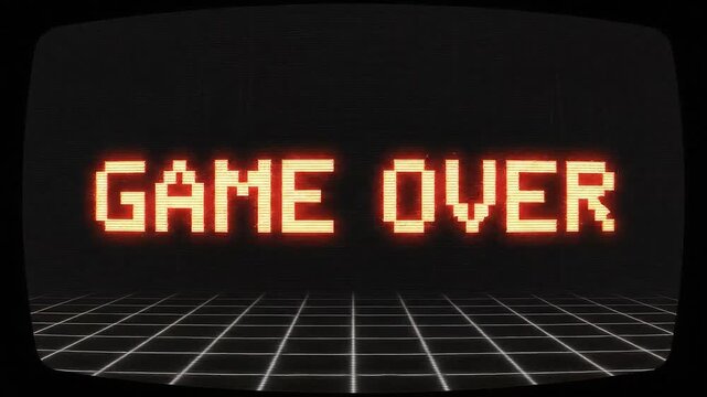 Retro arcade screen displays game over message with grid background - Powered by Adobe