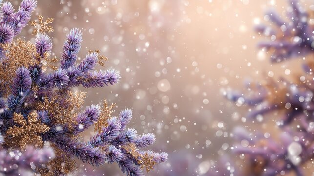 purple spruce branches are decorated with golden glitter snowflakes creating a festive winter wonderland with falling snow and sparkling bokeh lights on a soft pastel background
