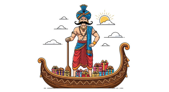 A traditional Indian man with a mustache and turban, wearing a dhoti, standing in a boat filled with gifts, holding an oar, with clouds and sun in the background.
