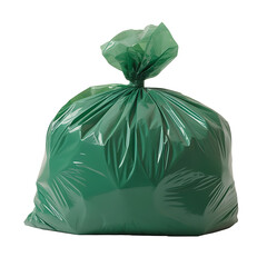 A full green garbage bag tied shut with its opening isolated on transparent background