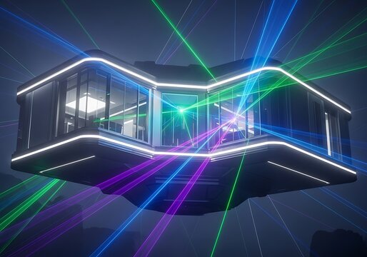 Futuristic Home Glowing with Laser Beams Hovering Above Rocky Terrain