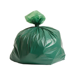 A full green garbage bag tied at the top and isolated on transparent background