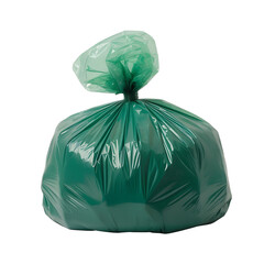 A full green garbage bag tied shut and isolated on a transparent background for easy use isolated on transparent background
