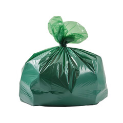 A full green plastic garbage bag tied shut with a knot isolated on transparent background