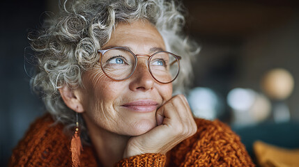 senior woman in eyeglasses smiling at home with dreamy expression showing peaceful retirement warm emotions confidence inner happiness and a fulfilling comfortable lifestyle indoors