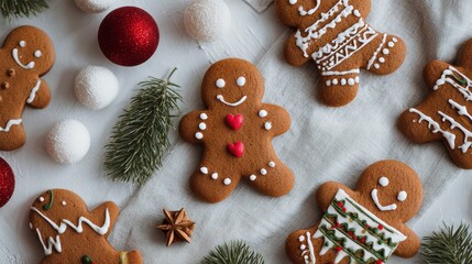 top view of decorated christmas gingerbread man cookies on white table background with copy space concept of holiday celebration merry christmas xmas concept