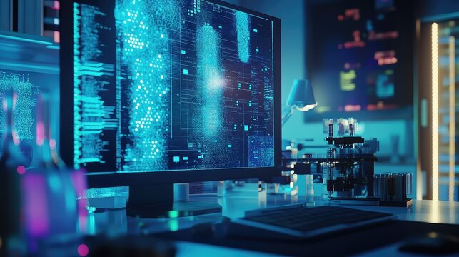 Data analysis screen displaying complex digital information in a science lab - Powered by Adobe