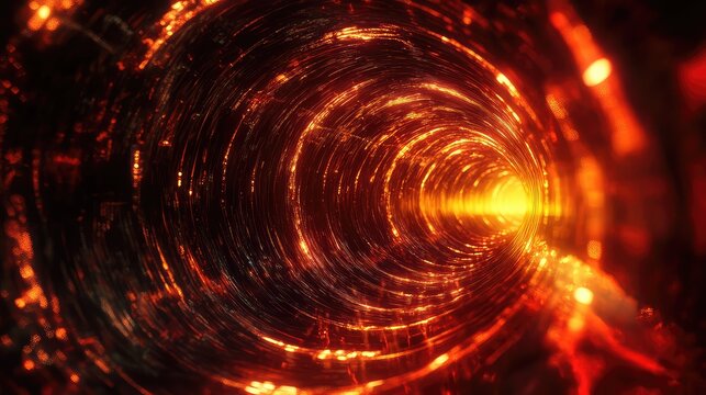 Abstract digital tunnel with glowing red and orange light