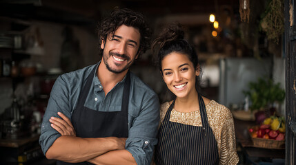 Fototapeta premium young latino chef couple smiling in their restaurant kitchen demonstrating partnership hard work culinary passion business success teamwork dedication and a proud hospitality lifestyle