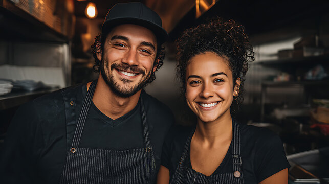 young latino chef couple smiling in their restaurant kitchen demonstrating partnership hard work culinary passion business success teamwork dedication and a proud hospitality lifestyle - Powered by Adobe