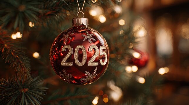 2025 new year celebration ornament hanging on christmas tree with lights and celebration wishing invitation picture for new year - Powered by Adobe
