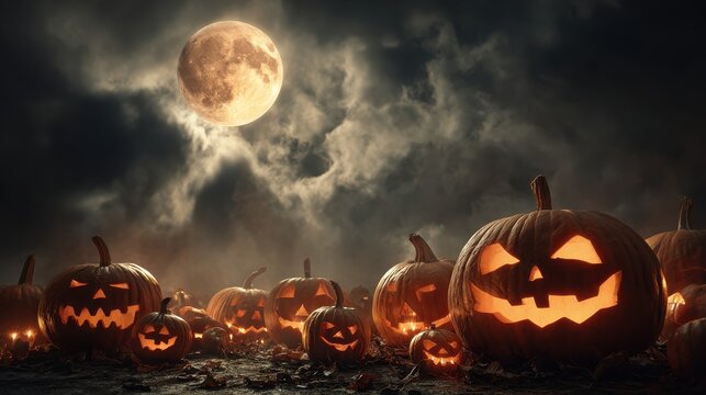spooky halloween night with glowing jackolanterns pumpkins dark sky full moon festive atmosphere autumn holiday background eerie outdoor scene scary fun traditional decor