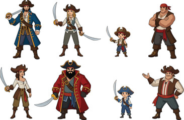 Cartoon pirate characters, diverse crew of pirates with swords and costumes, adventurous illustration set for games, education, stories, fantasy design projects