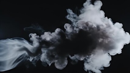 Abstract white and grey smoke billows and expands dynamically against a deep black background, creating a captivating and ethereal visual. The fluid motion of the vapor gracefully disperses, offering 
