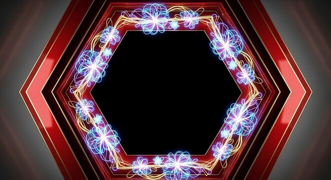 Geometric floral frame illuminated with glowing neon colors and vibrant details