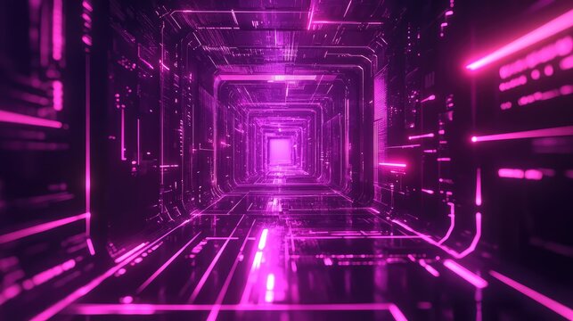 Digital data stream passing through abstract neon tunnel