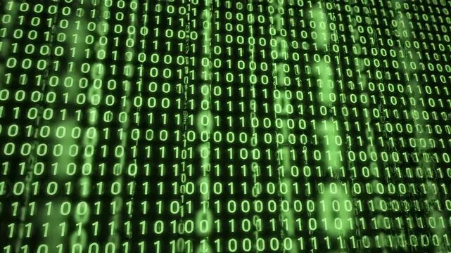 Futuristic digital stream of glowing green binary code creating a sense of technology and data flow.