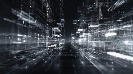 Digital information streaming through abstract futuristic city network