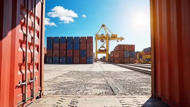 View through open shipping container doors at a sunny port with cranes and stacks of cargo containers