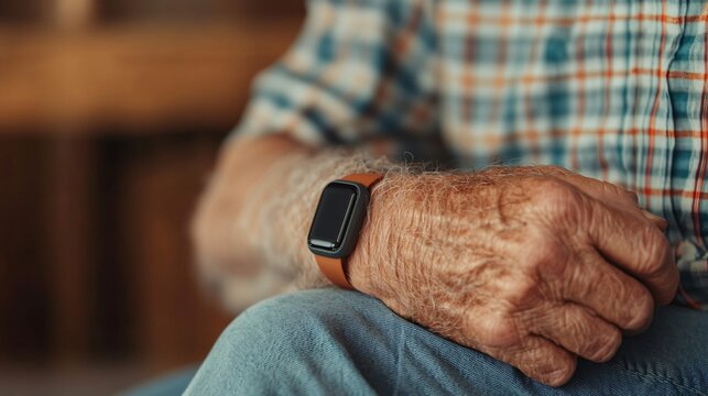 Elderly man wearing smart health wristband checking heart rate at home.