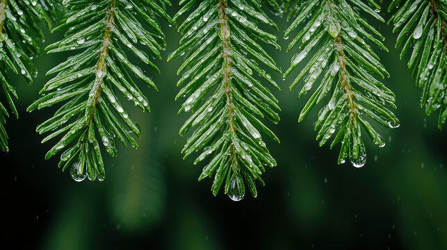 Pine needle with water droplet, evergreen branch closeup, fresh rain atmosphere serene