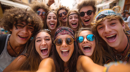 happy teenage friends laughing loudly and taking a group selfie together on vacation symbolizing youth celebration friendship fun summer travel and cheerful lifestyle moments