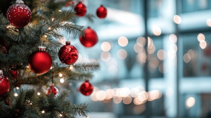 office christmas tree with red ornaments and bokeh background holiday  festive