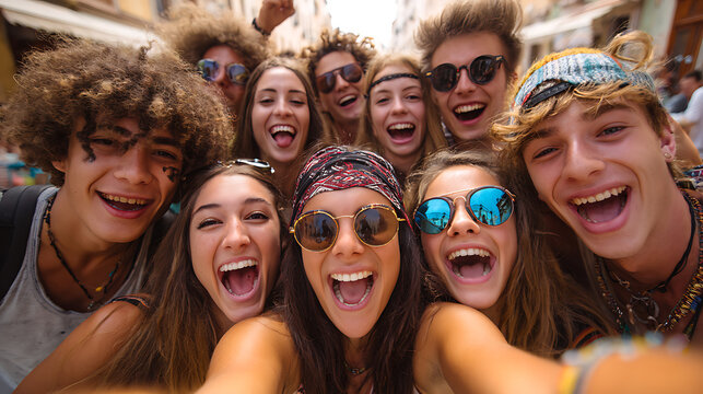 happy teenage friends laughing loudly and taking a group selfie together on vacation symbolizing youth celebration friendship fun summer travel and cheerful lifestyle moments