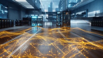Data center with glowing network lines