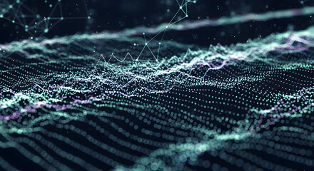 Abstract digital network of glowing particles and lines on a dark background