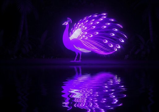Luminous peacock reflection creating a captivating atmosphere of mystery