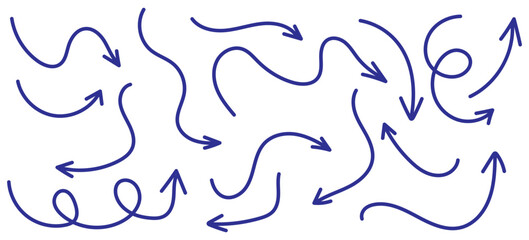 Hand drawn line arrows icons set collection. Arrow vector elements hand drawn arrows brush stroke curly arrow collection. Vector illustration isolated on white background.