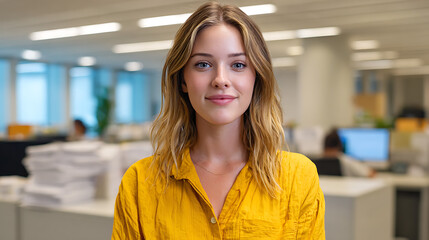 confident young business woman wearing a yellow shirt standing in an office environment and looking at the camera symbolizing success career growth and strong professional presence