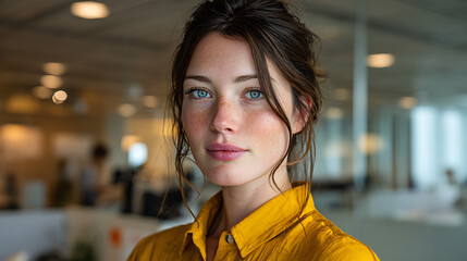 confident young business woman wearing a yellow shirt standing in an office environment and looking at the camera symbolizing success career growth and strong professional presence