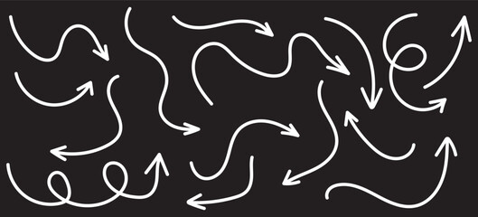 Hand drawn line arrows icons set collection. Arrow vector elements hand drawn arrows brush stroke curly arrow collection. Vector illustration isolated on white background.