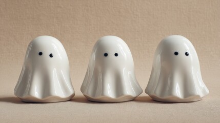 three adorable white ghost figurines are arranged in a row against a soft neutral background ideal for halloween decor and festive ambiance