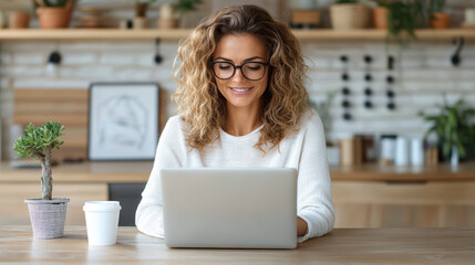 Smiling woman working on laptop at kitchen table with coffee and plant