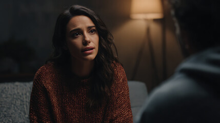 worried young woman in brown sweater seated and speaking to someone off screen portraying stress emotional struggle support talk and counseling session in a mental health setting