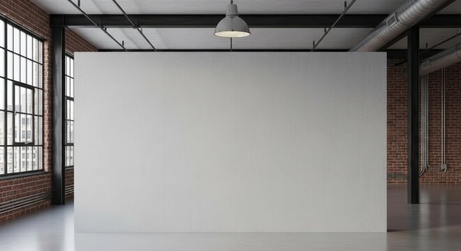 Modern industrial interior space with exposed brick walls and large windows featuring a blank