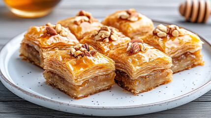 Honey glazed baklava pastry topped with chopped nut and syrup, flaky sweet dessert