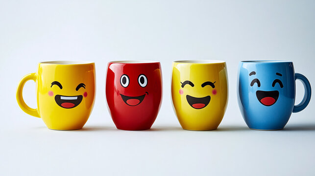 Four colorful mugs with happy emoji faces smiling joyfully together, perfect for a cheerful start
