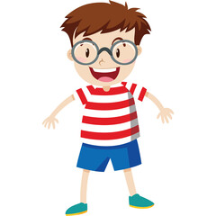 Obraz premium Happy Boy Wearing Red and White Striped T Shirt Blue Shorts and Round Glasses Standing with Arms Outstretched