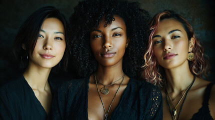 Fototapeta premium three women from diverse cultural backgrounds smiling confidently promoting inclusion diversity empowerment female unity teamwork and strong friendship