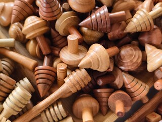 Traditional handmade Colorful toys made from wood, wooden toys, family, selective focus.