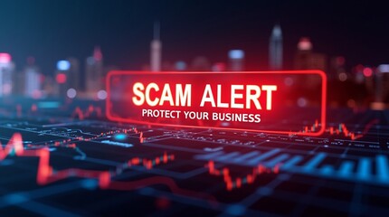 Red scam alert sign with glowing text in a futuristic digital setting, emphasizing business protection.