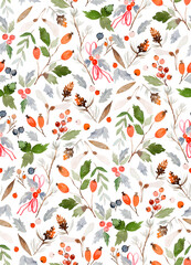 Watercolor Christmas Botanical Seamless Pattern