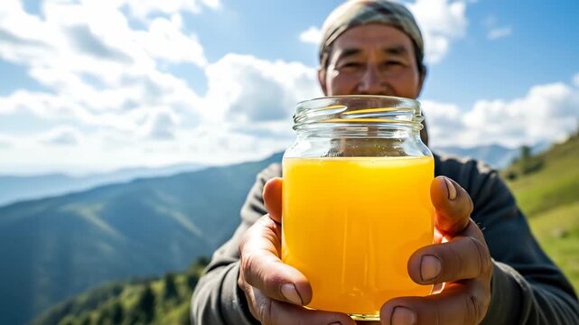Man holding a jar of honey harvested from mountain bees, offering organic product. Beekeeping farm production footage.
